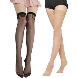 neska moda Women Pack of 2 Thigh-High Sheer Stockings with Elasticated Waistband-picture-21