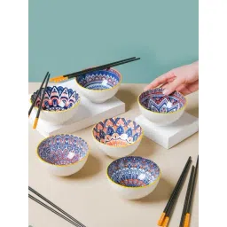 Nestasia Multicolor Mandala Ceramic Side Bowls and Chopsticks for Serving Noodles (Set of 6, 250 ml)-picture-31