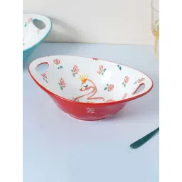 Nestasia Red & White Swan & Floral Design Premium Quality Ceramic Pasta Bowl, Microwave-Safe, 8-inch-picture-14