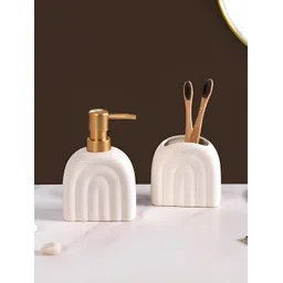 Nestasia White 2 Pieces Textured Ceramic Soap Dispenser With Toothbrush Holder-picture-14
