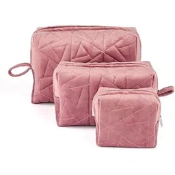 Nestasia Velvet Dusty Pink Quilted Multipurpose Set Of 3 Cosmetic Bags For Storage, Travel Kit, Makeup Pouches,Toiletry Bag Of Different Sizes-picture-12