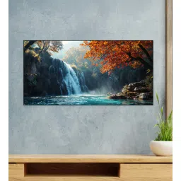nestroots Black Canvas Framed Autumn Serenity Forest Waterfall Escape Wall Painting(18X36 Inch)-picture-10
