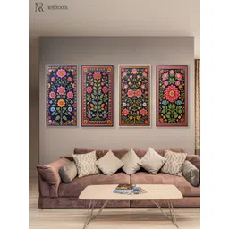 nestroots Blue & Green 4 Pieces Vibrant Floral Tapestry Series Printed Canvas Wall Art-picture-10