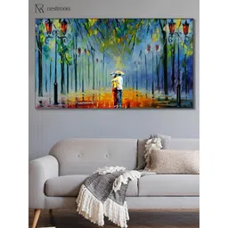 nestroots Blue & Yellow Rainy Stroll Canvas Framed Painting Wall Art-picture-14