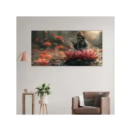Nestroots Grey & Pink Canvas Serene Ganesha On Lotus Blossom Wall Painting - Black Floating Frame-picture-43