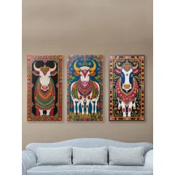 Nestroots Sacred Indian Cow Canvas Collection Gold Frame Wall Painting - Set of 3-picture-10