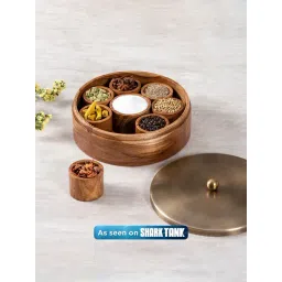 Nestroots Solid Brown & Copper Teak Wood Masala Box with Lid-picture-29