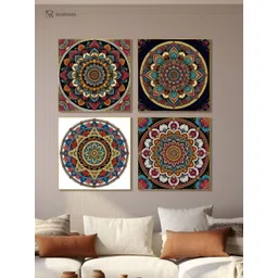 nestroots Vibrant Floral Circle Black & Blue 4 Pieces Printed Canvas Wall Art-picture-12