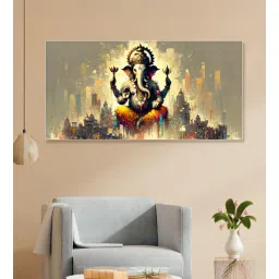 nestroots White Canvas Framed Majestic Ganesha Over Urban Landscape Wall Painting-picture-25