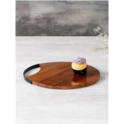 Nestroots Wooden Serving Platter sizzler Plate for Snacks Round platters for Snacks Copper Handle-picture-46