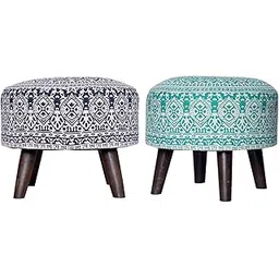 nestroots Set of 2 Wooden Ottoman Stools for Living Room | Printed Pouffes for Sitting, Footrest with 4 Wooden Legs | 14 Inch Height, Blue and Green | Stylish & Comfortable Furniture for Home Dcor-picture-10