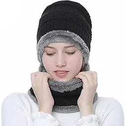 nesvib Women's Snow Proof, Inside Fur, Warm Woolen Cap with Neck Muffler/Neck Warmer/Scarf for Winters - Free Size, Pack of 2-picture-28