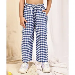 NEUDIS Cotton Blend Woven Gingham Checked Wide Legged Pants - Navy Blue & White-picture-10
