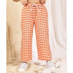 NEUDIS Cotton Blend Woven Gingham Checked Wide Legged Pants - Peach And White-picture-12