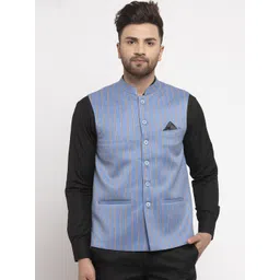 NEUDIS Men Blue & Yellow Striped Regular-Fit Nehru Jacket-image-34