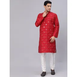 NEUDIS Men Maroon Dupion Silk Mirrow Work Straight Kurta-picture-35