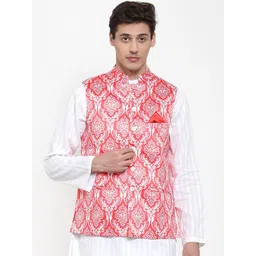 NEUDIS Men Red & White Printed Woven Nehru Jacket-picture-38