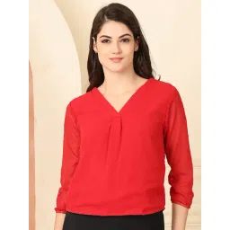 NEUDIS Red Chiffon Self Design Regular Fit Top-picture-10