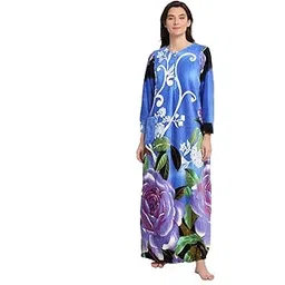 neudis Women Beige & Blue Free Size Printed Fleece Night Gown/Nighty for Winter-picture-13