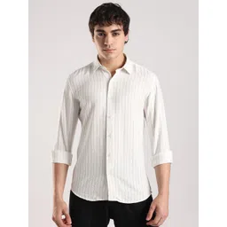 NEVER NEUD Men Classic Slim Fit Vertical Striped Spread Collar Casual Shirt-picture-19