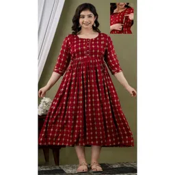 NEVISHA STYLE Cotton Woven Three Fourth Sleeves Ethnic Motif Printed Maternity Kurta With Nursing Access - Red-picture-4