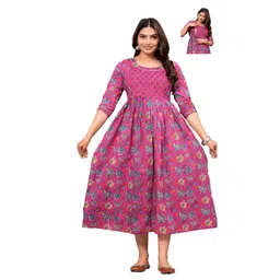 NEVISHA STYLE Cotton Woven Three Fourth Sleeves Floral Printed Gota Lace Embellished Maternity Kurta With Concealed Zipper Nursing Access - Multi Colour-picture-35