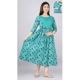 NEVISHA STYLE Cotton Woven Three Fourth Sleeves Floral Printed Maternity Kurta With Concealed Zipper Nursing Access - Multi Colour-picture-31