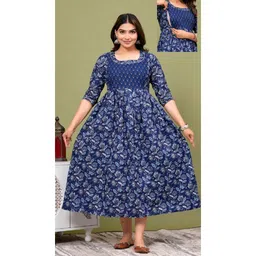 NEVISHA STYLE Cotton Woven Three Fourth Sleeves Floral Printed Maternity Kurta With Nursing Access - Blue-picture-7
