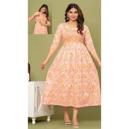 NEVISHA STYLE Cotton Woven Three Fourth Sleeves Floral Printed Maternity Kurta With Nursing Access - Peach-picture-25