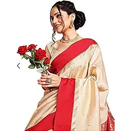 new collection Pure Bengali Cream Beige Red Border Tussar Saree for Women Traditional Durga Puja handloom Garad Silk Kanjivaram Banarasi Soft Gorod Sari Kanchipuram Lal Par Sada Sadi with Blouse Piece-picture-30