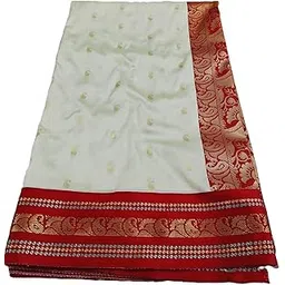 new collection Traditional Bengali Durga Puja Garad Saree for Women Goroder Red Border White Kanjivaram Gorod Sari Lal Par Sada Banarasi Handloom Silk Latest Designe Safed New Sadi with Red Blouse-picture-11