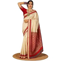 new collection White Cream Saree for Women Girls Plain Odisha Handloom Sambalpuri Ethnic Kanjivaram Tussar Silk Banarasi Saree Temple Border Casual Summer Design Orissa Sari Red Blouse Piece-picture-10