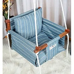 new comers NEW COMERS® Cotton Swing for Kids, Jhula for Baby, Kids Swing Hanging Indoor Outdoor, Baby Garden Swing with Safety Belt & 2 Pillows (6 Months to 4 Years) (Up to 20 kg)-Blue-White (TC 150/300) 901-picture-19