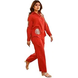 new dharini Women's Cotton Tunic & Straight Office Wear Collar-Neck Full Sleeves Suit Trouser and Top Set for Women Western Cord Set (Red-XXL) image 1