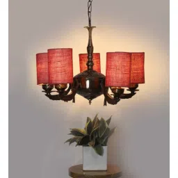 new era Devansh 05 Lights Maroon Jute Round shade with Antique Golden Chandelier-picture-12