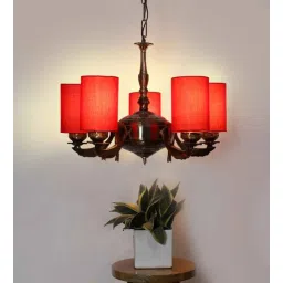 new era Devansh 05 Lights Red Round cotton shade with Antique Golden Chandelier-picture-14