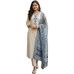 new ethnic 4 you Pure Cotton Kurta Pant Set with chanderi Dupatta for Women – Embroidered Ethnic Wear-picture-45