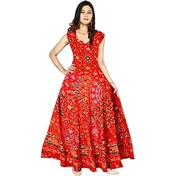 new kanishka boutique Women's Cotton Fabric Fit and Flare Jaipuri Printed A-Line Maxi Midi Western Long Dress (FRK-108 A, Red, Free Size)-picture-45