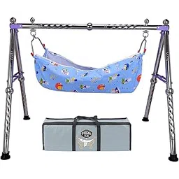 NEW PRIMA HUB New Born Baby Swing Cradle Jhula for Babies Boy and Girl/Foldable & Portable Palna for Baby/Indian Style Hammock with Mosquito Net/Stainless Steel Body (Gola Regular Purple)-image-9