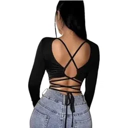 New Sexy Dori Open Back Crop Top for Girls & Women | Lycra Fabric | Stylish Long Sleeve Casual Wear Color Black-picture-39