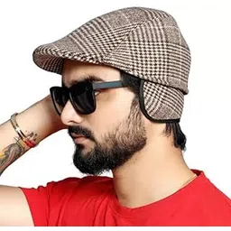 New Variety Store™ Unisex Autumn and Winter Plaid Cap Brushed Fabric Warm Beret Couple hat, Winter hat, Flat Glof Cap with Ear Flap, Newboys Cap Brown Color-picture-23