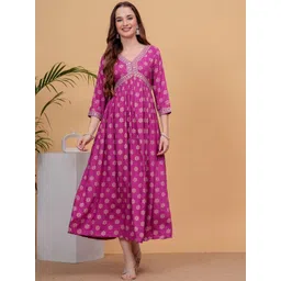 NEW4U Floral Printed Sequinned Empire Midi Ethnic Dress-picture-28