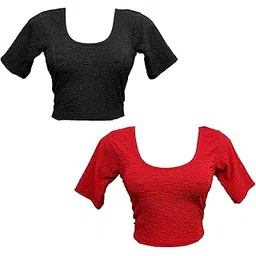 newdhaga Combo of 2 Women's Crushed Fabric Stretchable Blouse | Ready to Wear | Scoop Neck, Half Sleeves | Ethnic Wear for Sarees | Readymade-picture-22