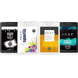 Next Care Luxury Pocket Perfume for Men, combo pack of 4, 20ml each | Long Lasting mini Body Spray | Sports, WHY, Aqua Fresh, Silver Scent | No Gas Small pocket deo image 1