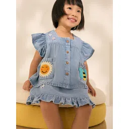 NEXT Girls Denim Applique & Ruffles Pure Cotton Top with Floral Embroidered Skirt-picture-31