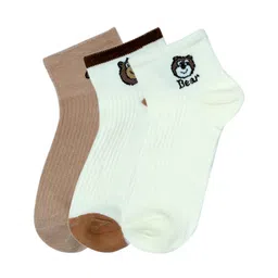 NEXT2SKIN Cotton Spandex Knit Pack of 3 Bear Printed Socks - White & Brown-picture-31