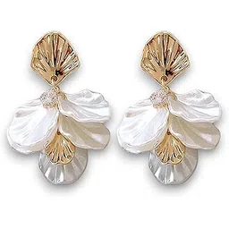 nextcart Trendy Lightweight Gold Tone Shell White Petal Flower Drop Dangle Earrings For Women & Girls Stylish | Korean Floral Fashion Statement Jewelry-picture-20