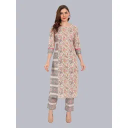 NH KAPDEWALA Women Beige Floral Printed Kurta with Trousers-picture-6