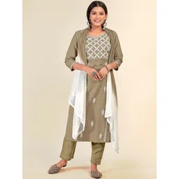NH KAPDEWALA Women Brown Floral Embroidered Pure Cotton Kurta with Trousers & With Dupatta-picture-20