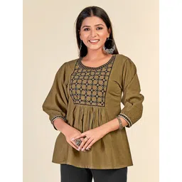 NH KAPDEWALA Women Olive Green Embroidered Cinched Waist Top-picture-17